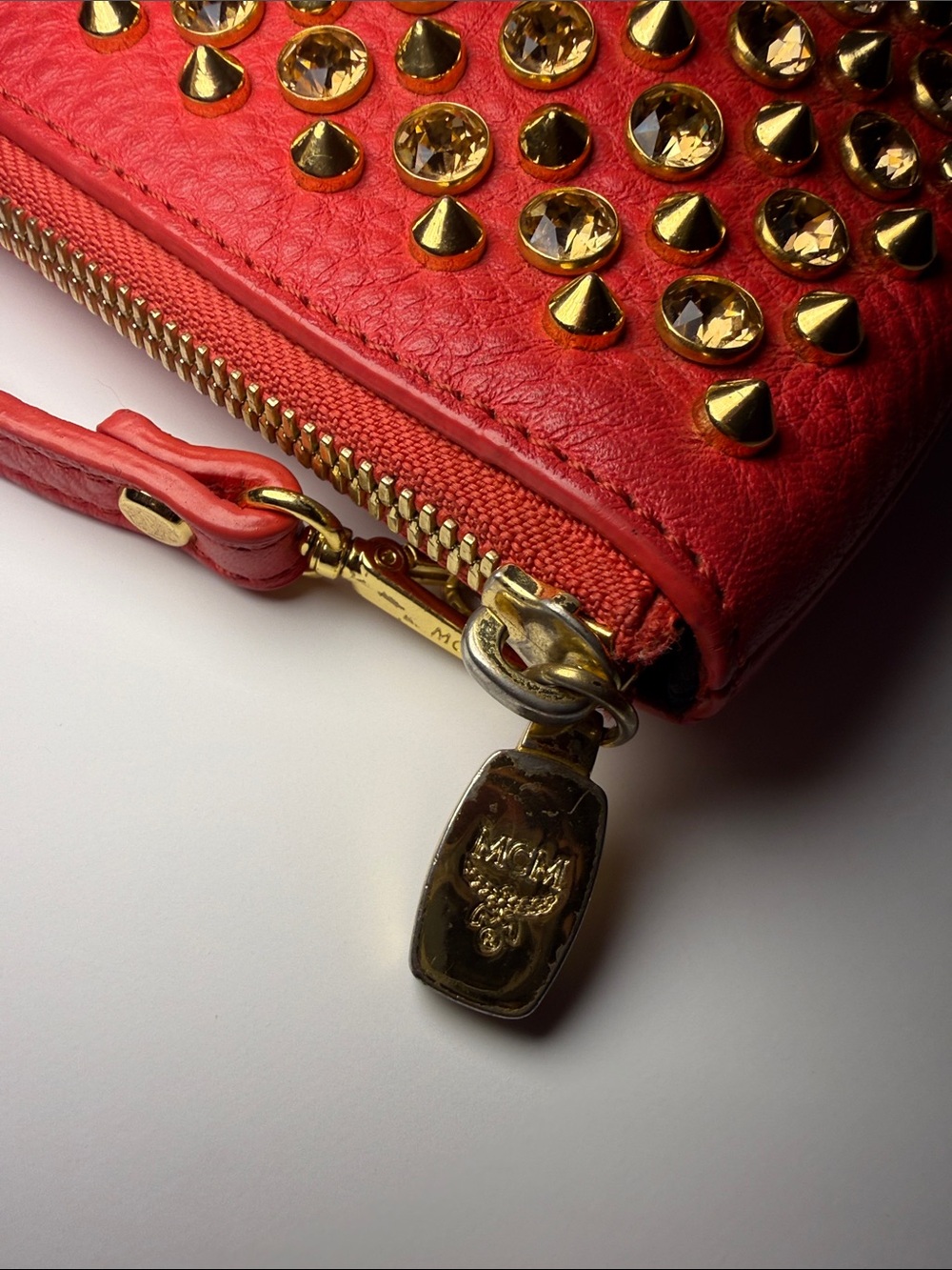MCM Studded Crossbody / Wristlet– Red Pebbled Leather Gold Studs - Picture 10 of 13
